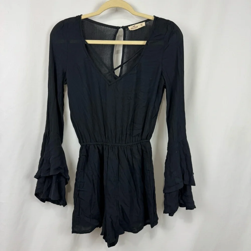 Hollister Sz XS Black Long Sleeve Bell Sleeves Short Romper Viscose Whimsigoth